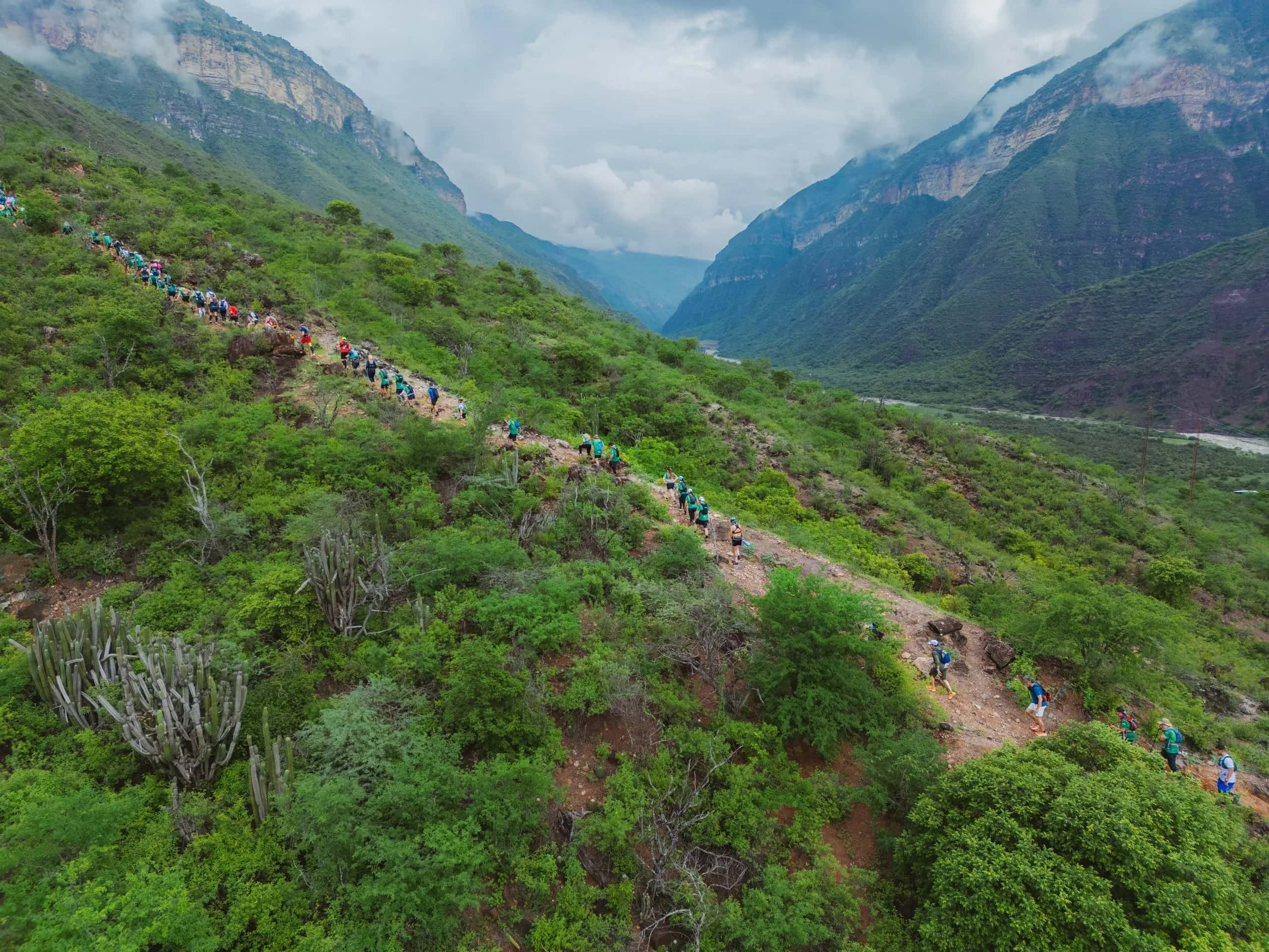 A line of runners on a trail along the canyon slope, with the river and the Chicamocha walls behind