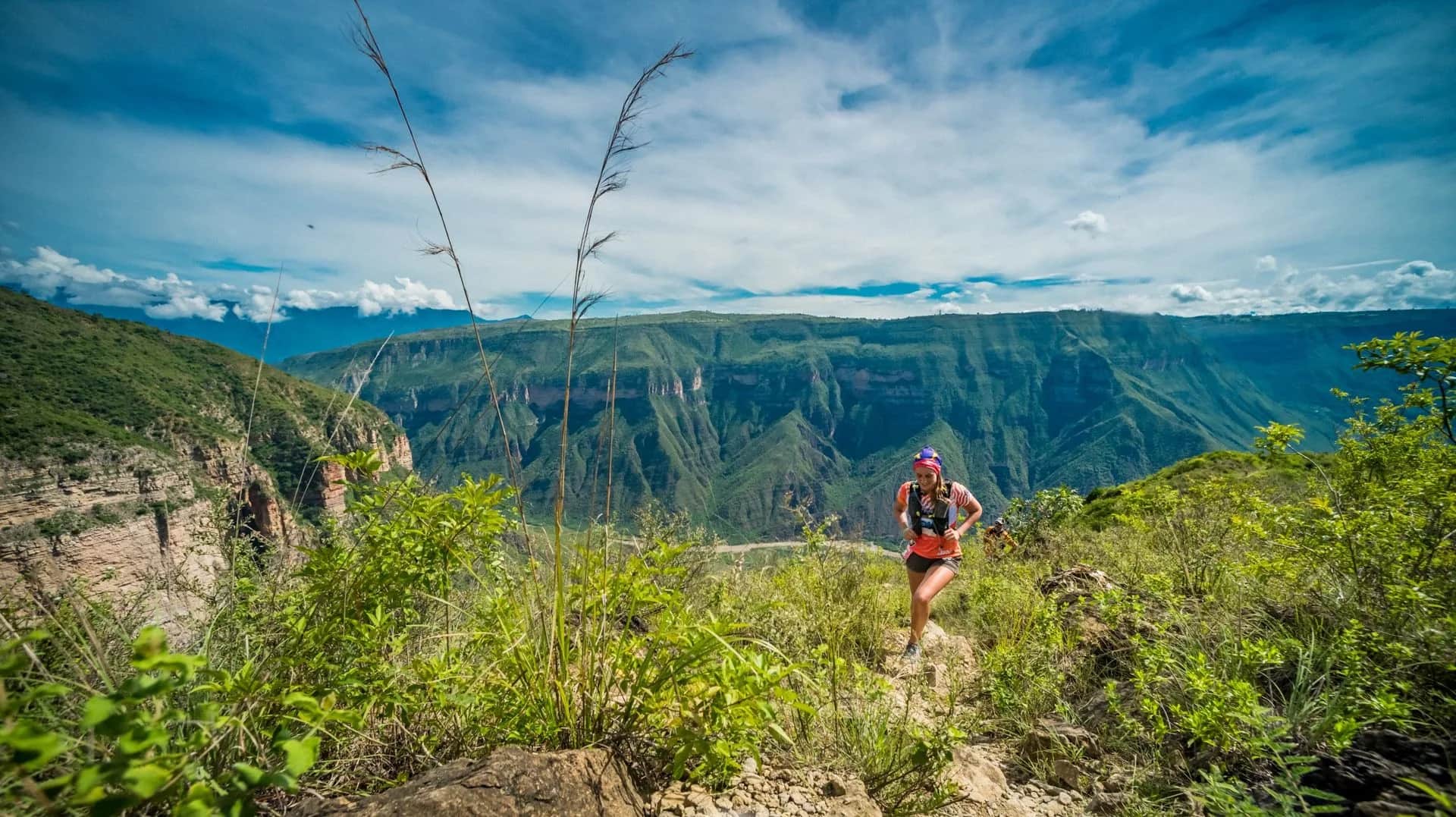 Distant runner on a trail through vegetation, with the canyon and open sky