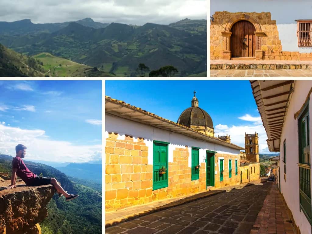 Collage of green mountains, a traveler sitting on a cliff edge and a colonial stone street