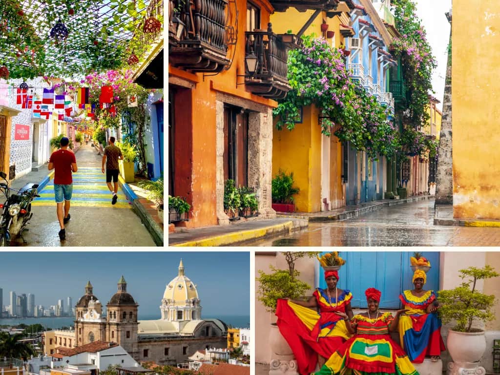 Cartagena collage: colorful streets with balconies and flowers, domes by the sea and palenquera women