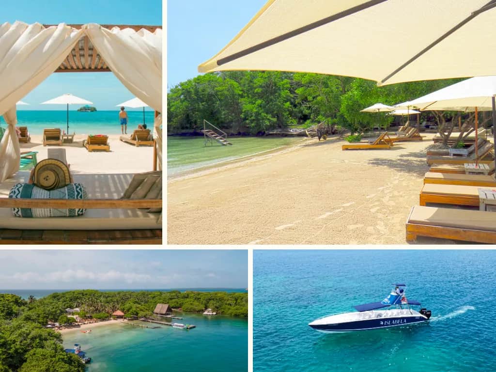 Collage of Caribbean beaches with shaded daybeds, white sand, an island and a speedboat