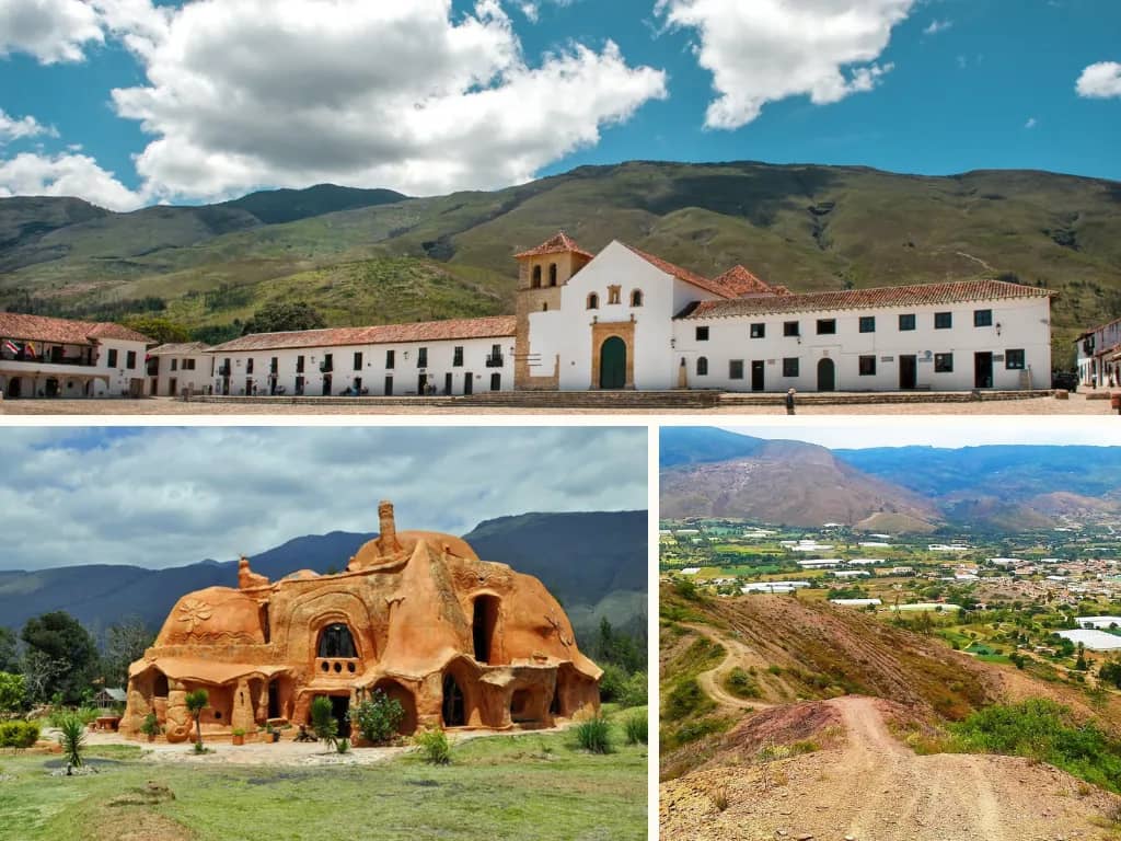 Collage of a white colonial square, a curvy clay house and mountain trails